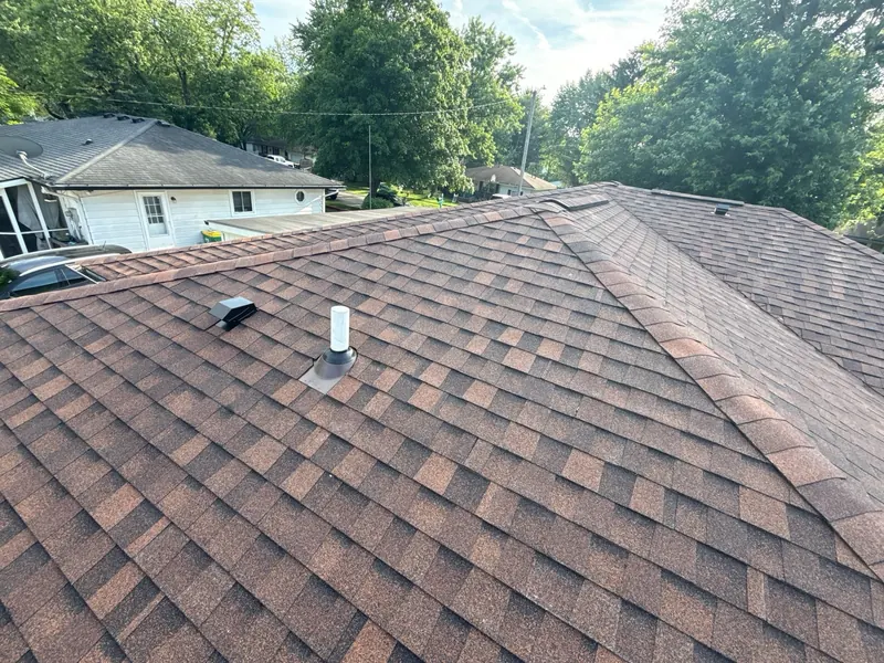Finished red-brown shingle roof seen from above the backyard